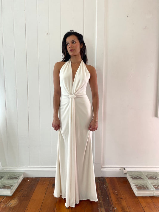 Vintage 90s white plunge neck backless evening gown