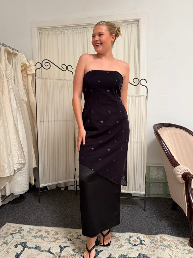 Vintage 90s black strapless evening gown with sheer overlay
