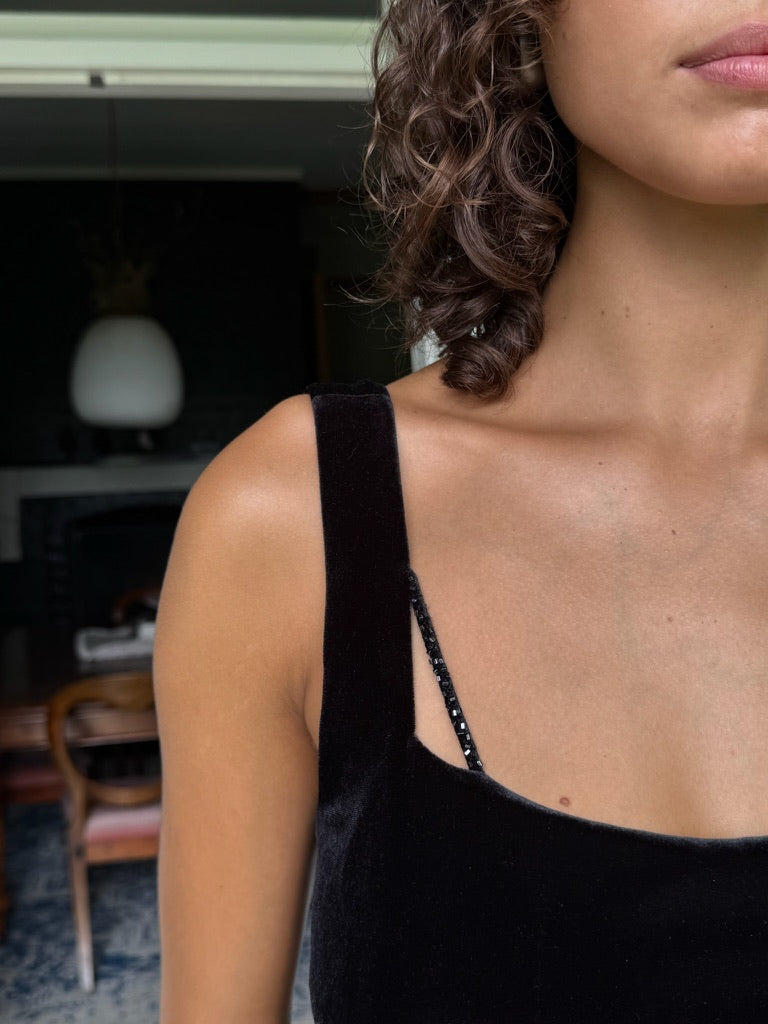 Vintage 90s black velvet maxi with open back and beaded details