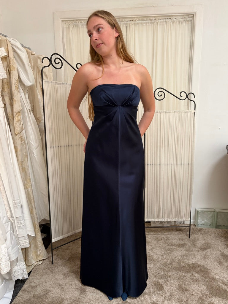 Vintage 90s Shelli Segal navy blue strapless evening dress