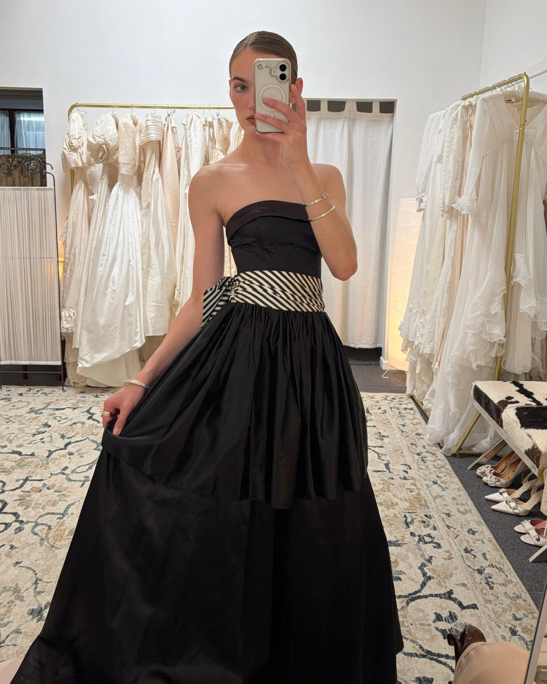 Vintage 1988 Jessica McClintock Gunne Sax black evening gown with striped bow