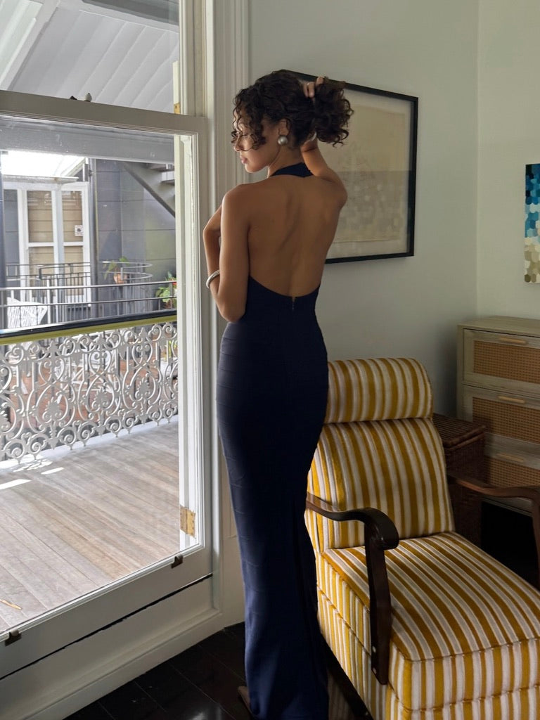 Vintage 1995 Hervé Legér Couture navy blue halterneck floor length bandage gown