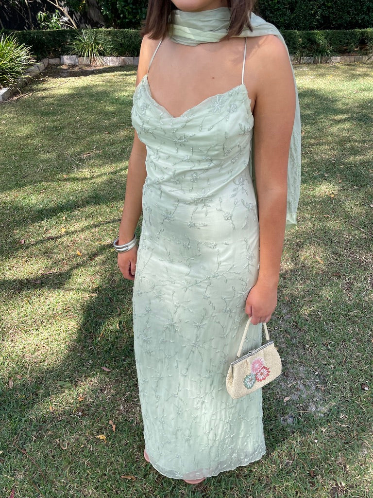 Vintage 90s pistachio green silk beaded open back evening dress