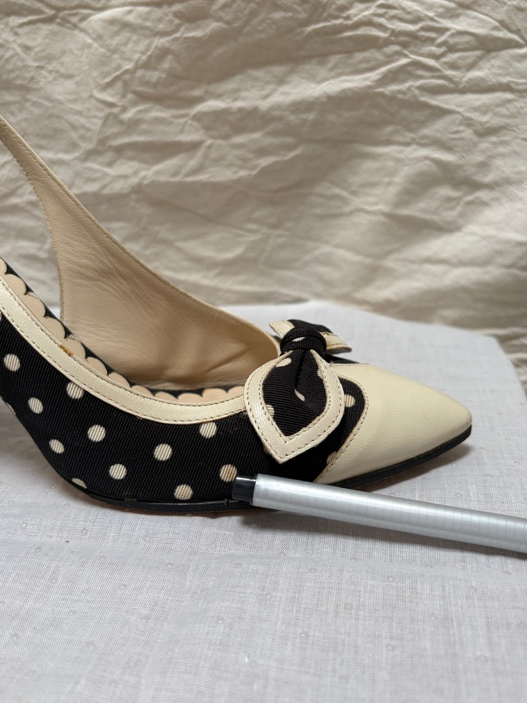 Vintage Moschino black & white polkadot slingback heels