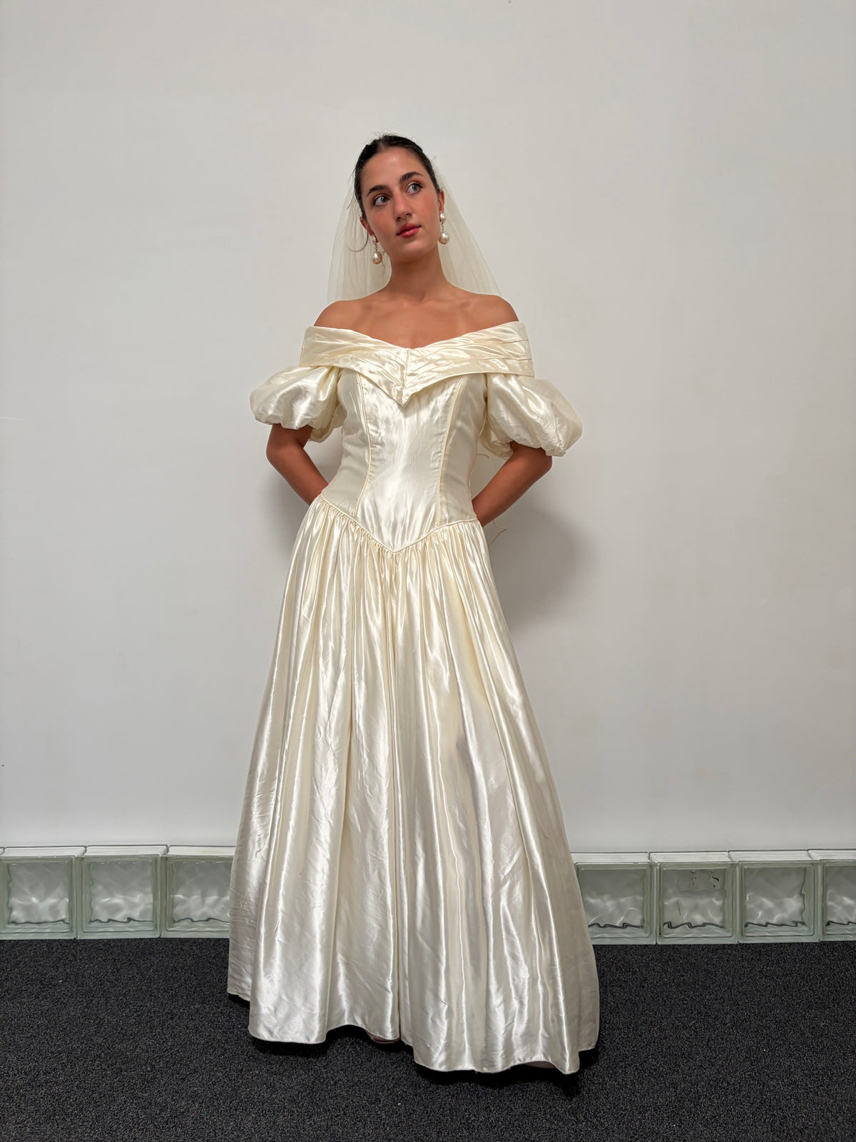 Vintage 90s cream satin basque waist princess wedding dress