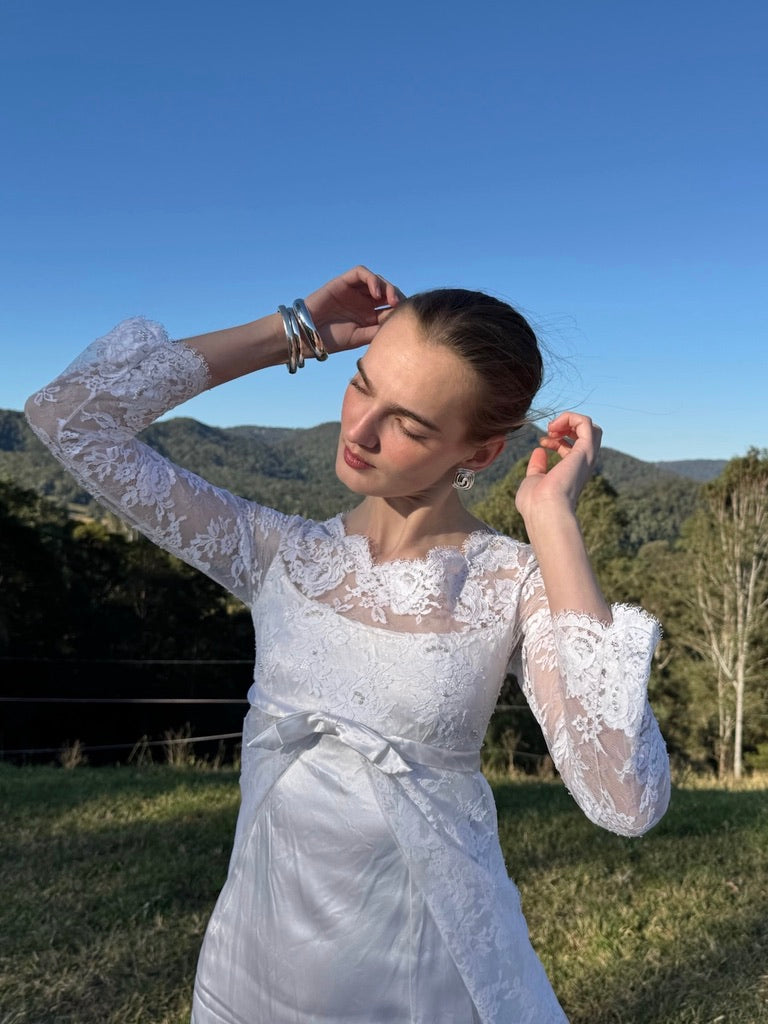 Vintage 60s long sleeve satin column gown with lace cape