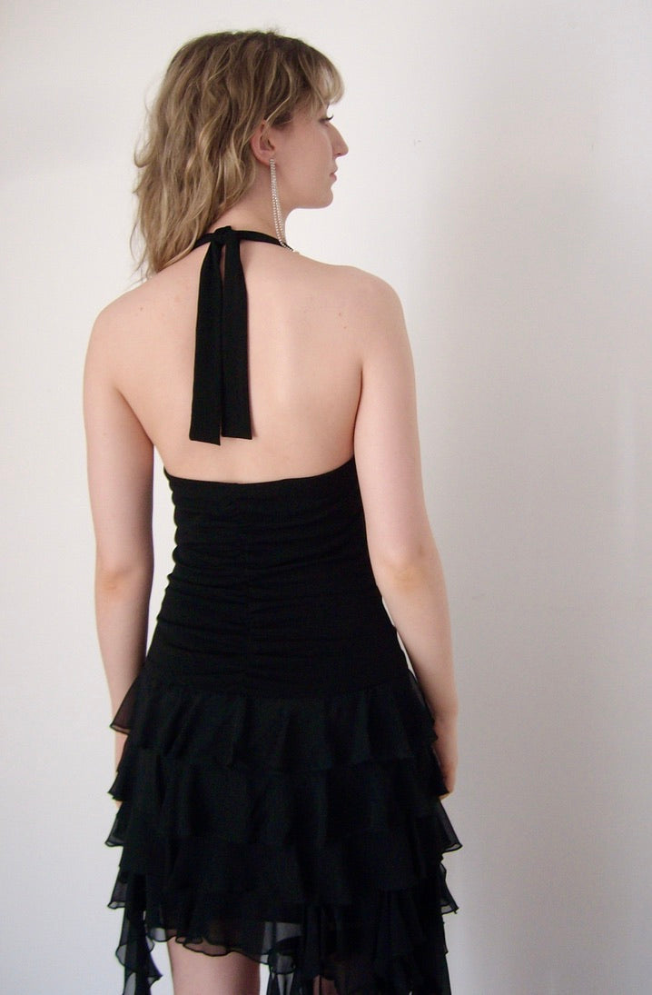 Vintage y2k black asymmetric ruffle halter neck dress