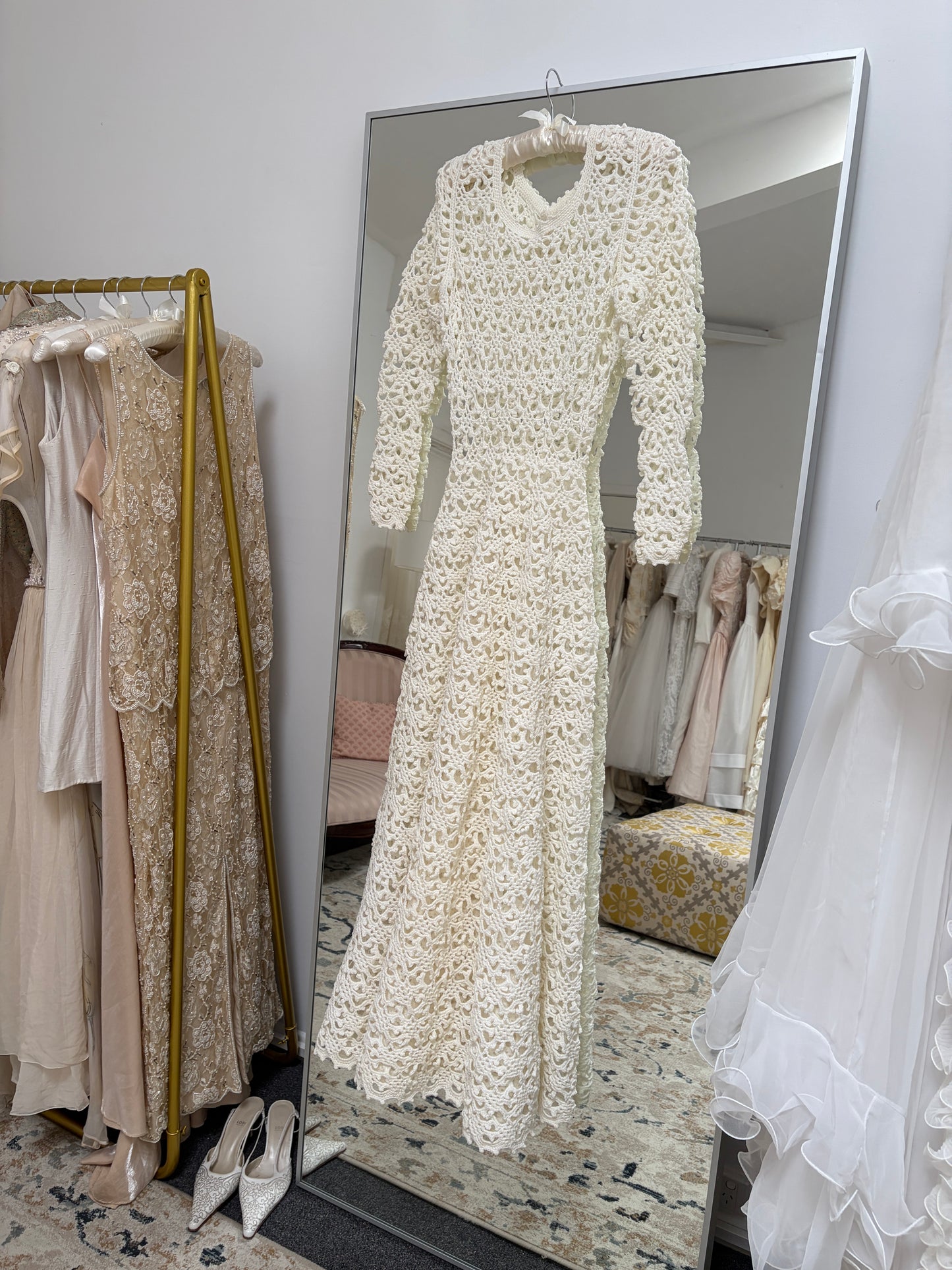 Vintage 70s ivory crochet long sleeve a-line wedding dress