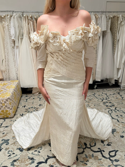 Vintage 90s Jean Fox pleated off shoulder wedding dress with detachable train
