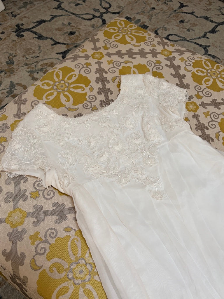 Vintage 60s column wedding dress with floral applique and dramatic train