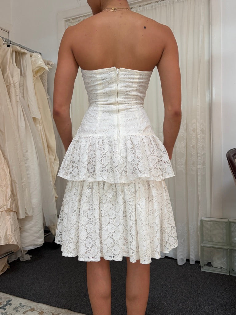 Vintage 80s white lace drop waist strapless mini dress