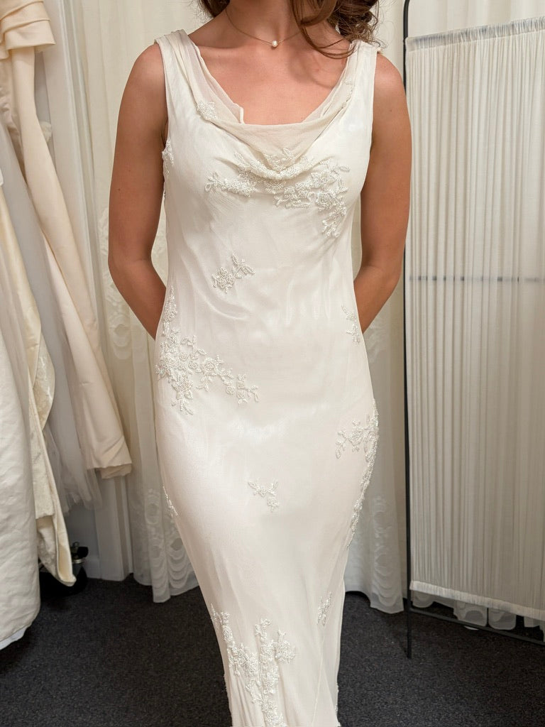Vintage Y2K Scala silk ivory beaded slip dress with open back