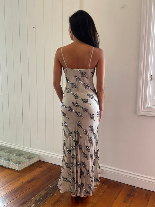 Vintage 90s silk beaded asymmetric midi dress