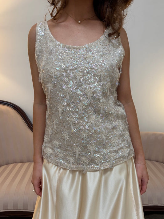 Vintage 60s ivory heavily embellished top with fringed beading