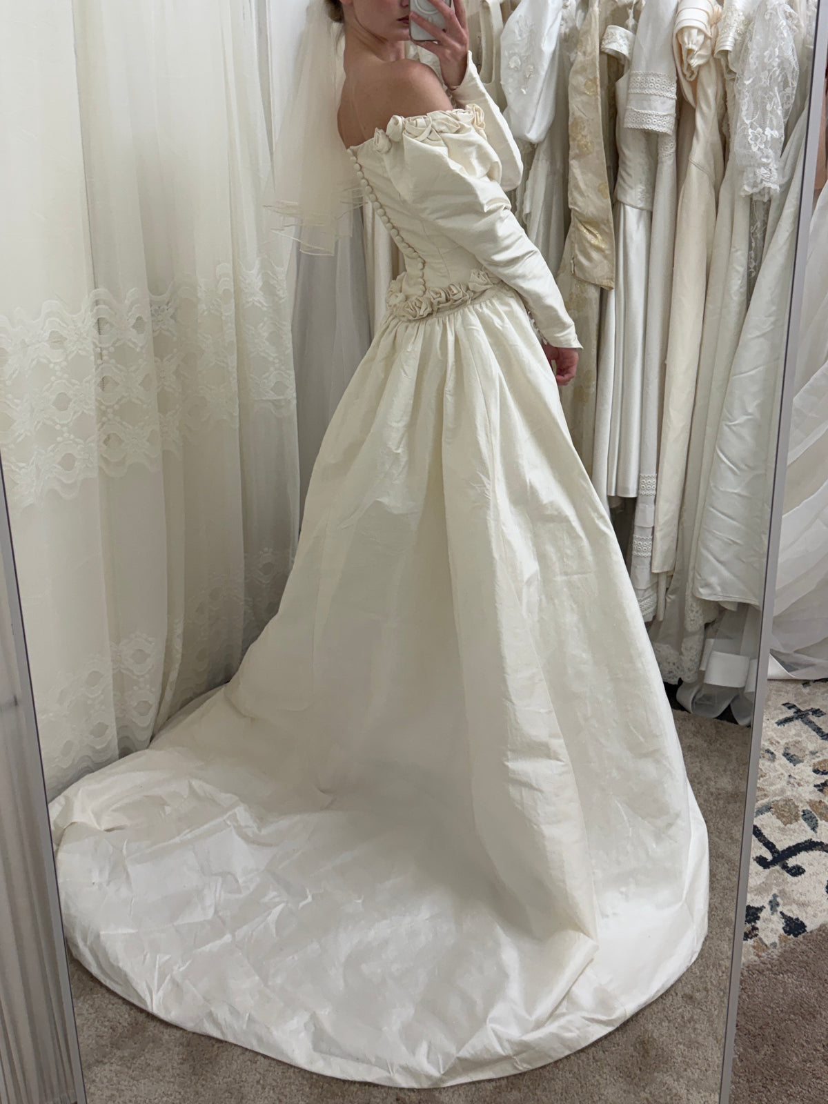 Vintage 90s silk dupion long sleeve rosette wedding gown with detachable train