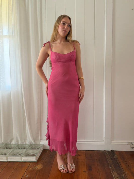 Vintage 1990 Jenny Bannister pink silk empire waist ruffle maxi dress