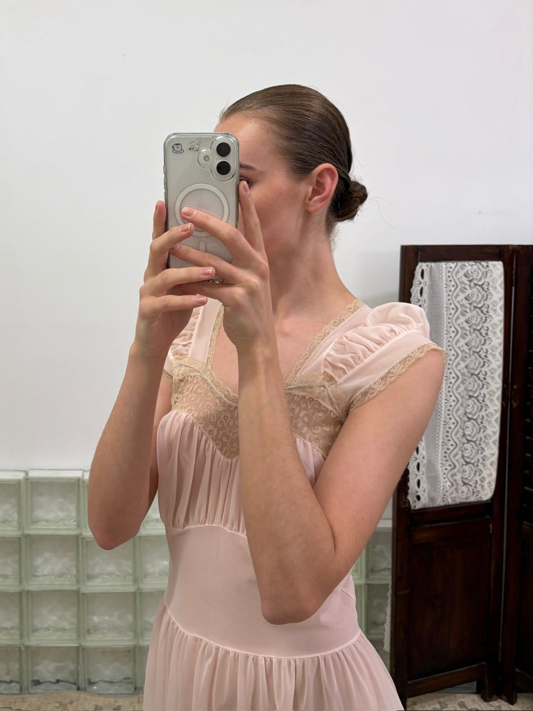 Vintage 60s baby pink semi sheer slip dress with lace trim