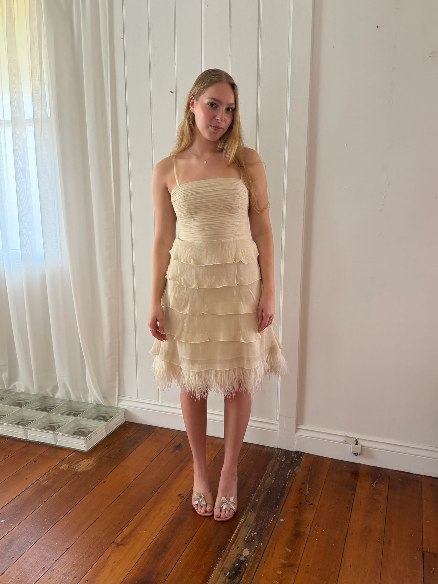 Vintage Y2K silk tiered midi dress with ostrich feather trim