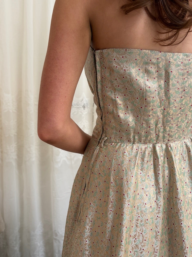 Vintage 50s gold brocade strapless evening gown with jacket