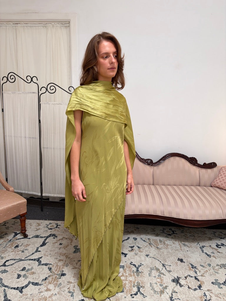 Vintage 90s Carol Peretz chartreuse pure silk 3 piece evening set