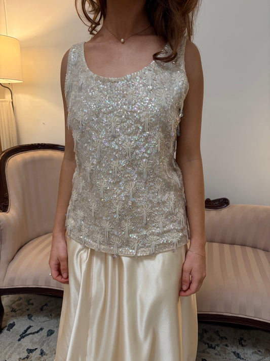 Vintage 60s ivory heavily embellished top with fringed beading