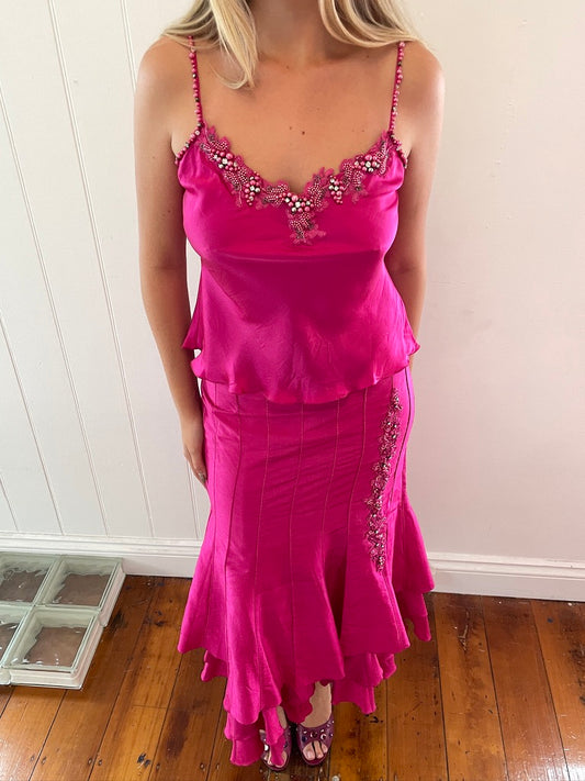 Vintage y2k hot pink silk skirt cami set