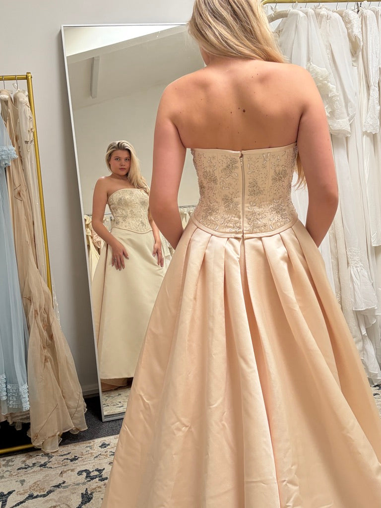 Vintage 00s Pronuptia champagne strapless wedding dress with detachable train