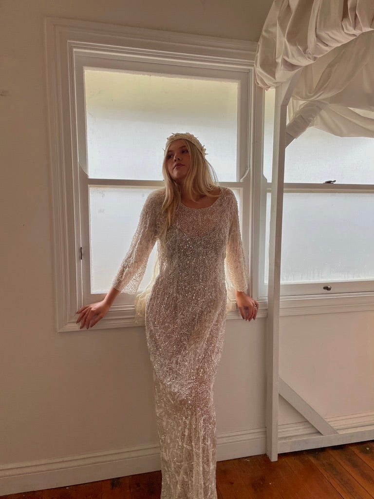 Vintage 60s semi sheer long sleeve beaded sequinned bridal gown