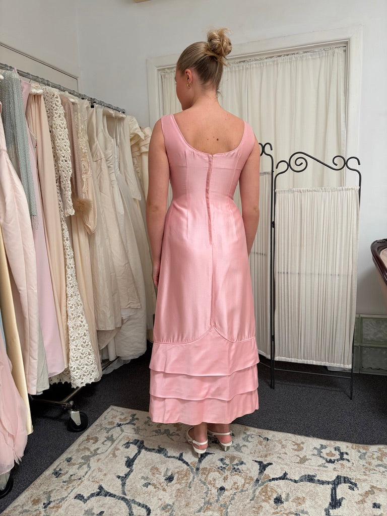 Vintage 60s candy pink tiered evening gown with bows