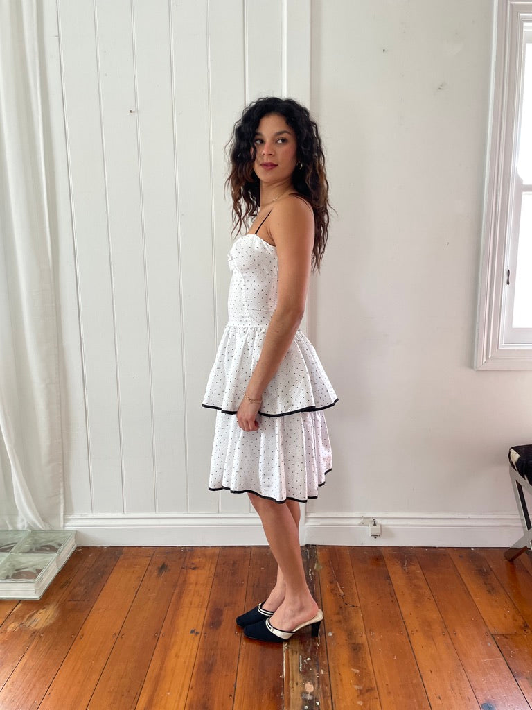 Vintage 80s white polka dot tiered mini dress