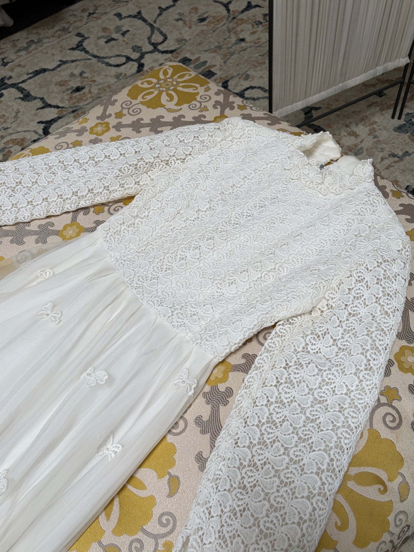 Vintage 60s long sleeve guipure lace wedding gown with applique train