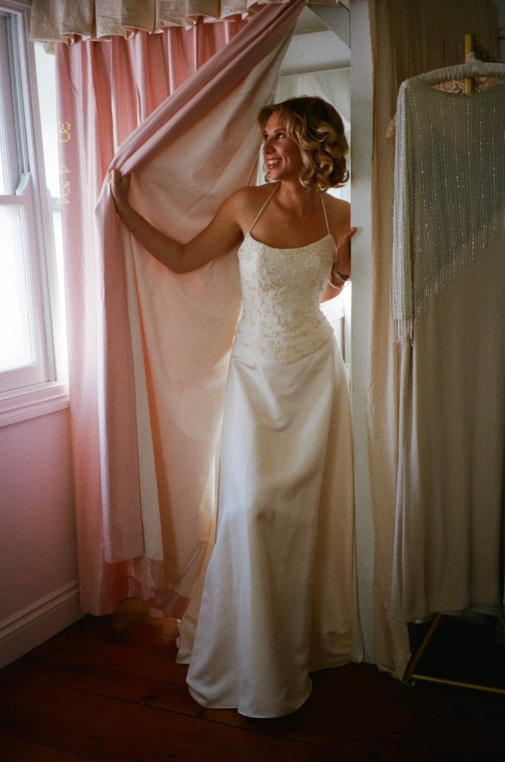 Vintage Y2K beaded basque waist satin corset and skirt set