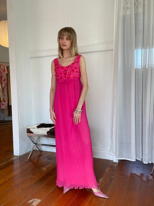 Vintage 60s Patou pink beaded sheath dress with bow