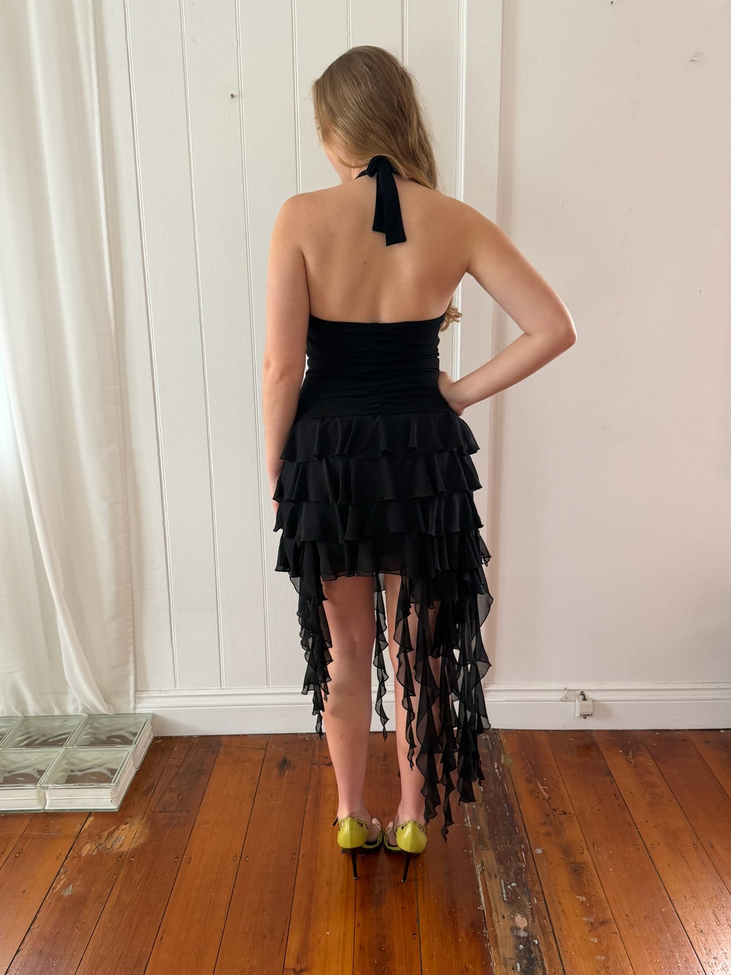 Vintage 90s black asymmetrical halter neck jellyfish dress