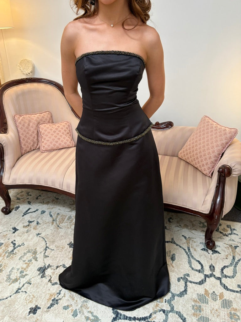 Vintage 90s black strapless drop waist evening gown with beaded trim