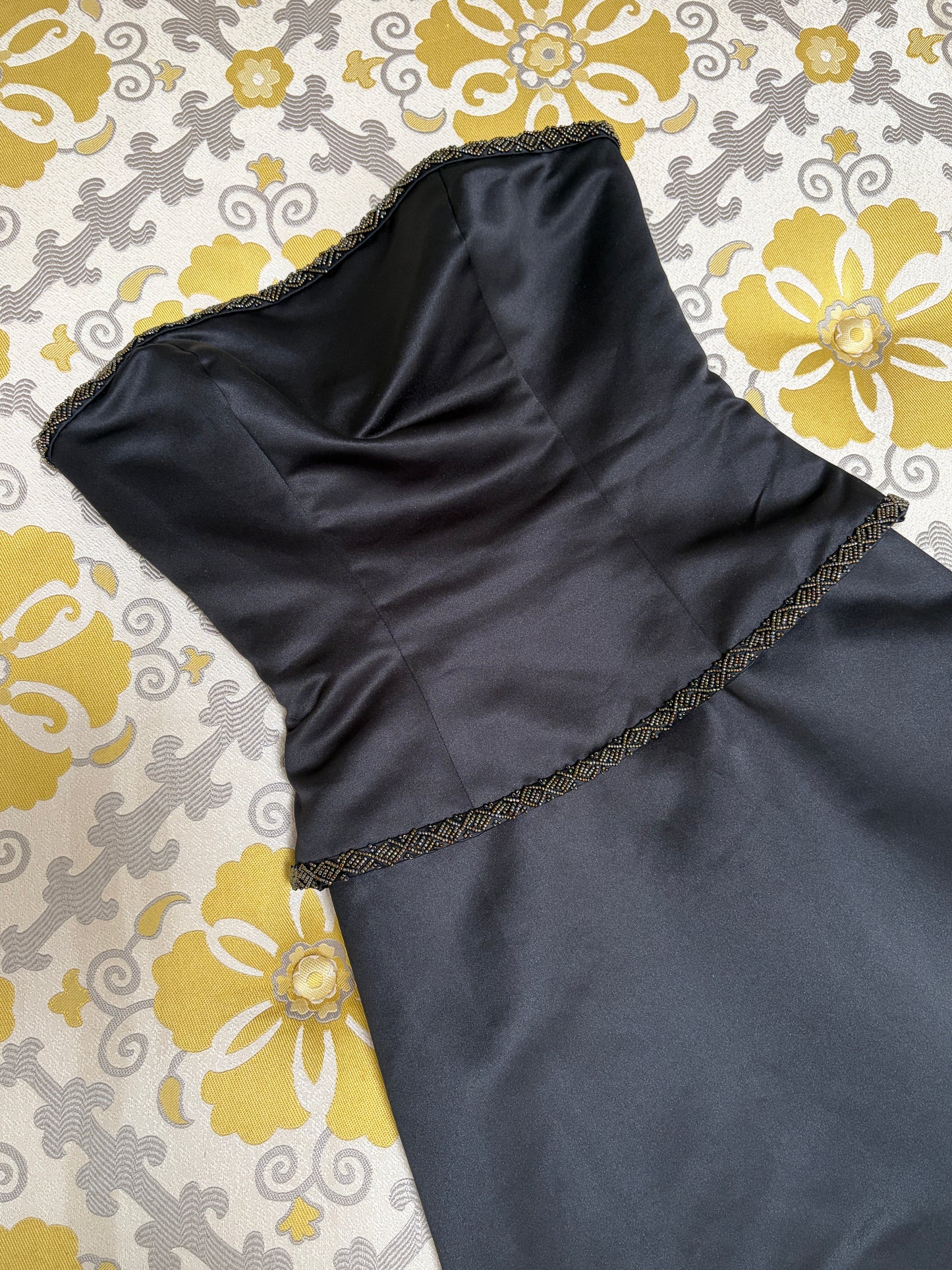 Vintage 90s black strapless drop waist evening gown with beaded trim