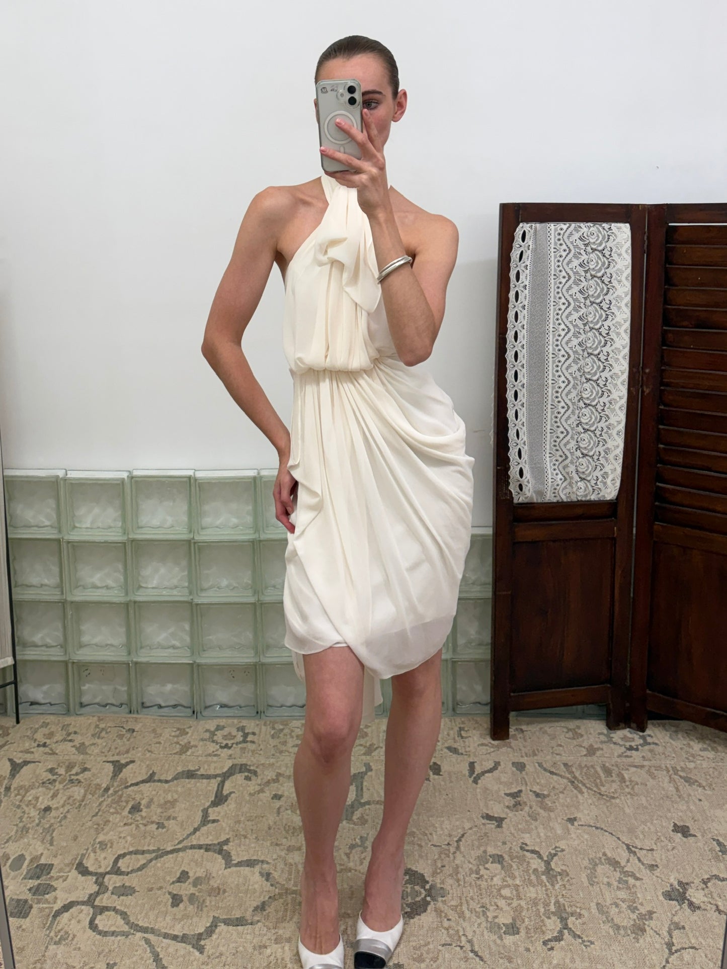 Vintage Y2K ivory draped t-back midi dress