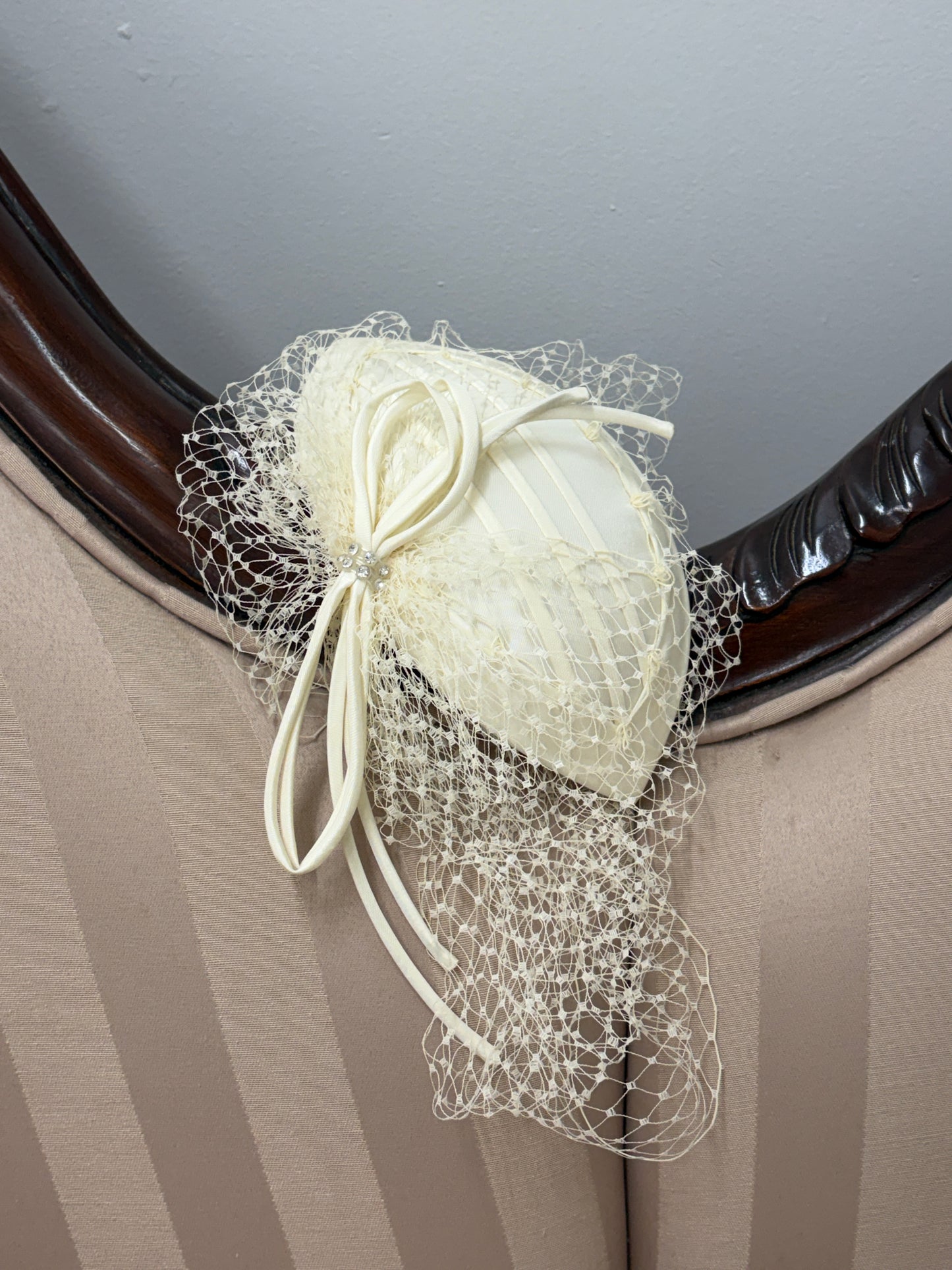 Vintage 80s cream satin bridal hat with birdcage veil