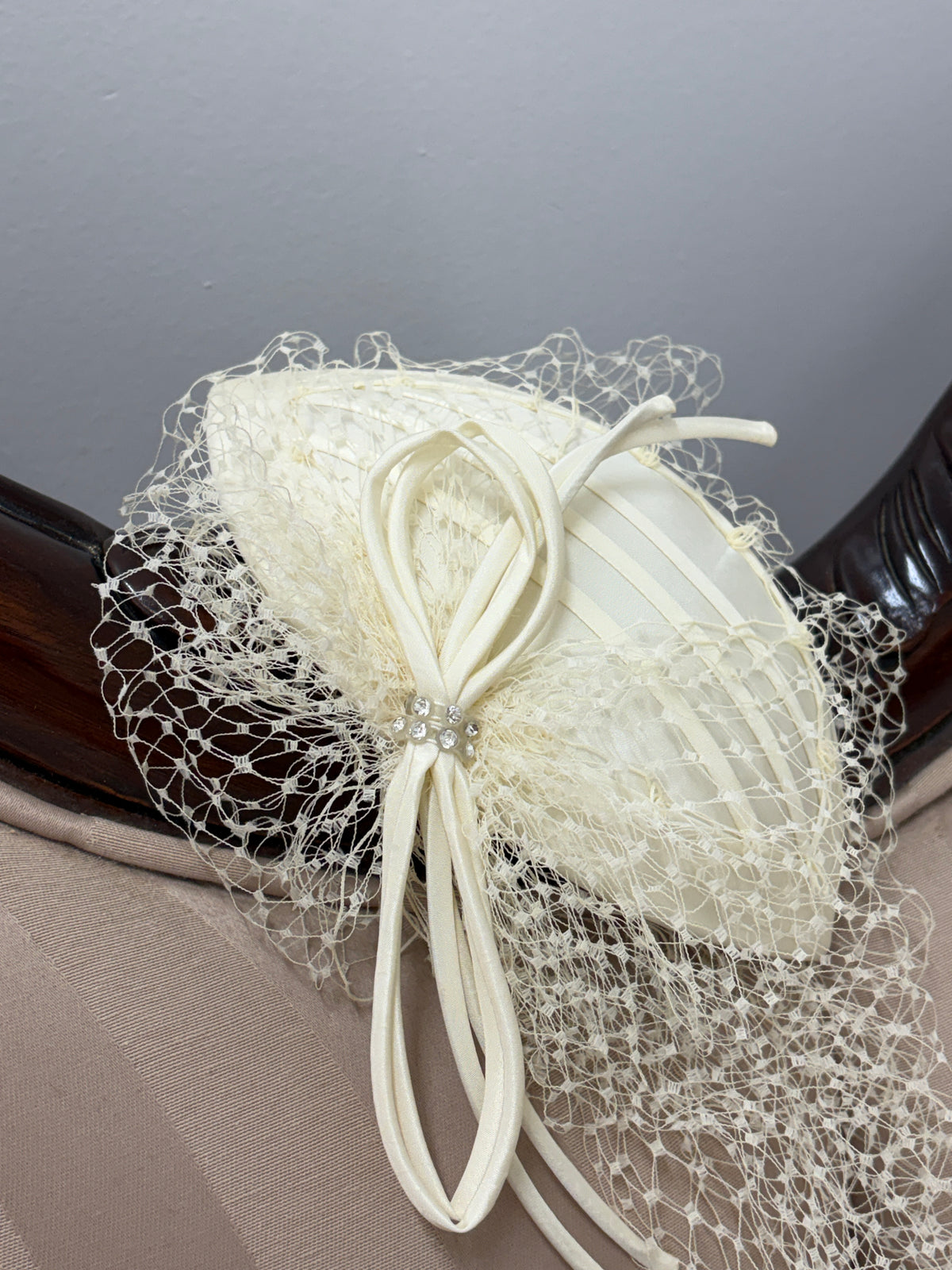 Vintage 80s cream satin bridal hat with birdcage veil