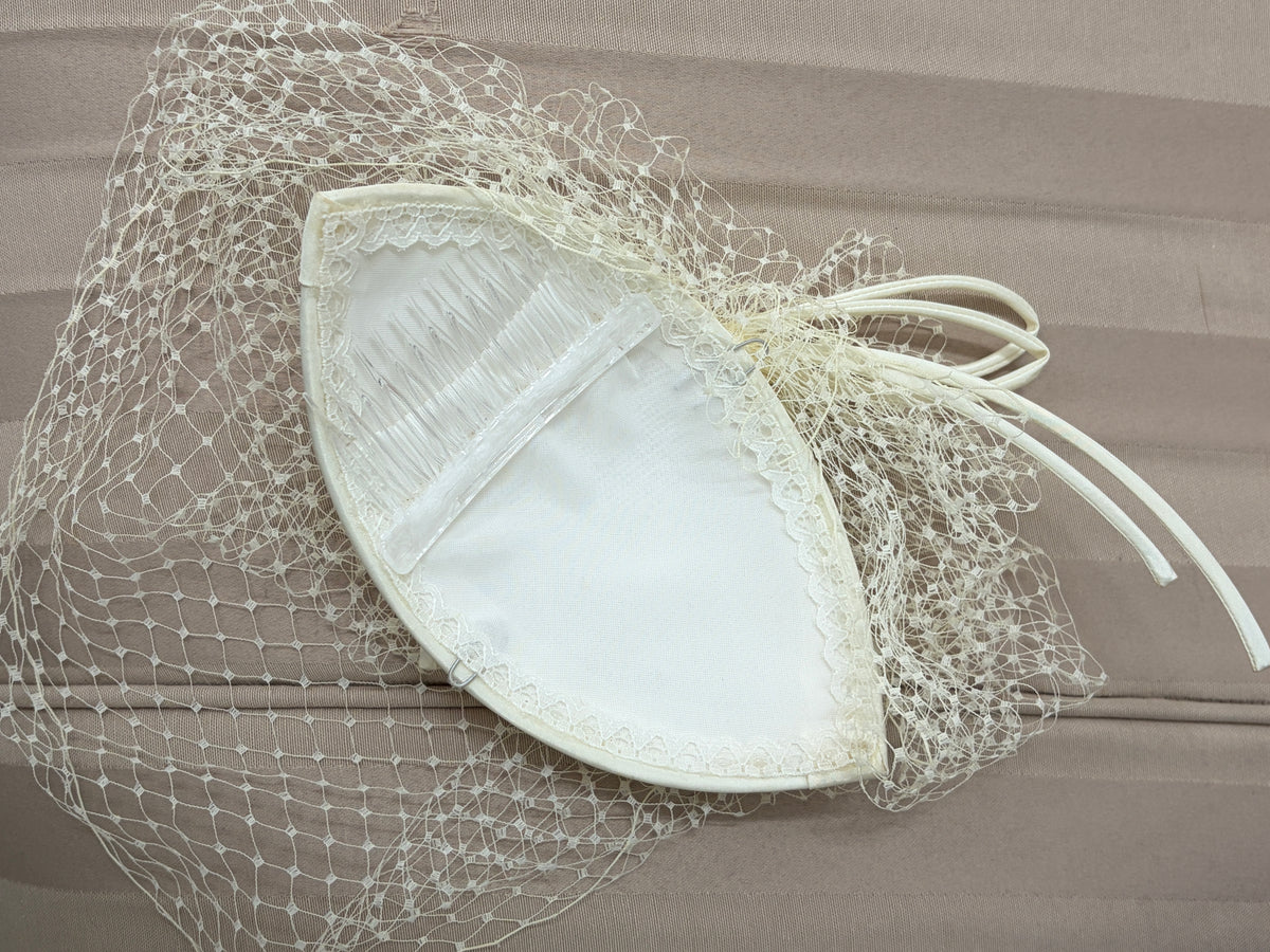 Vintage 80s cream satin bridal hat with birdcage veil