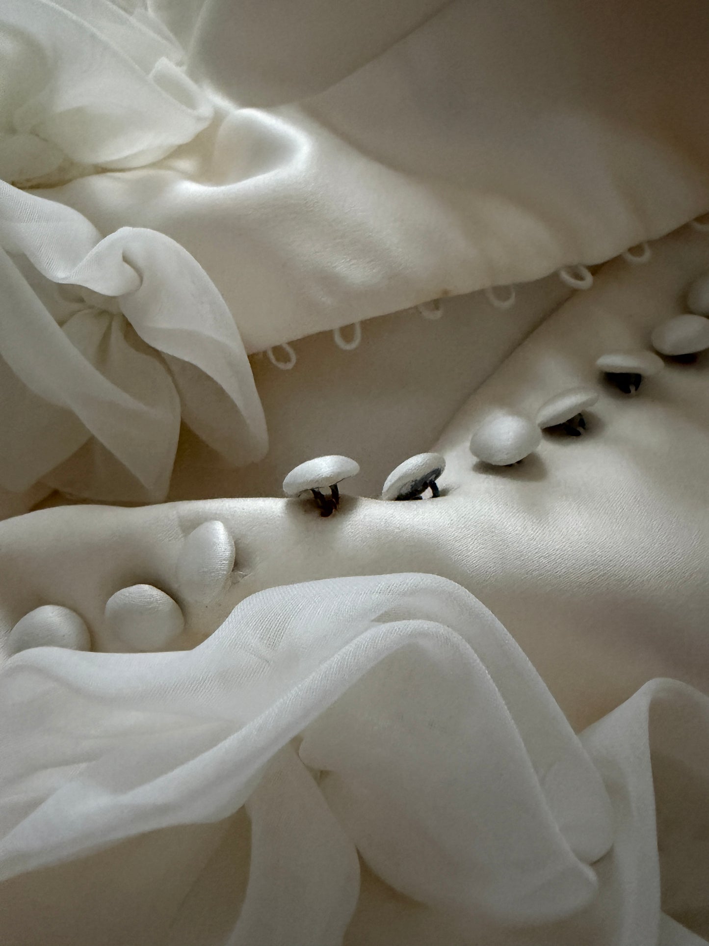 Vintage 1997 silk off shoulder wedding dress with rosettes
