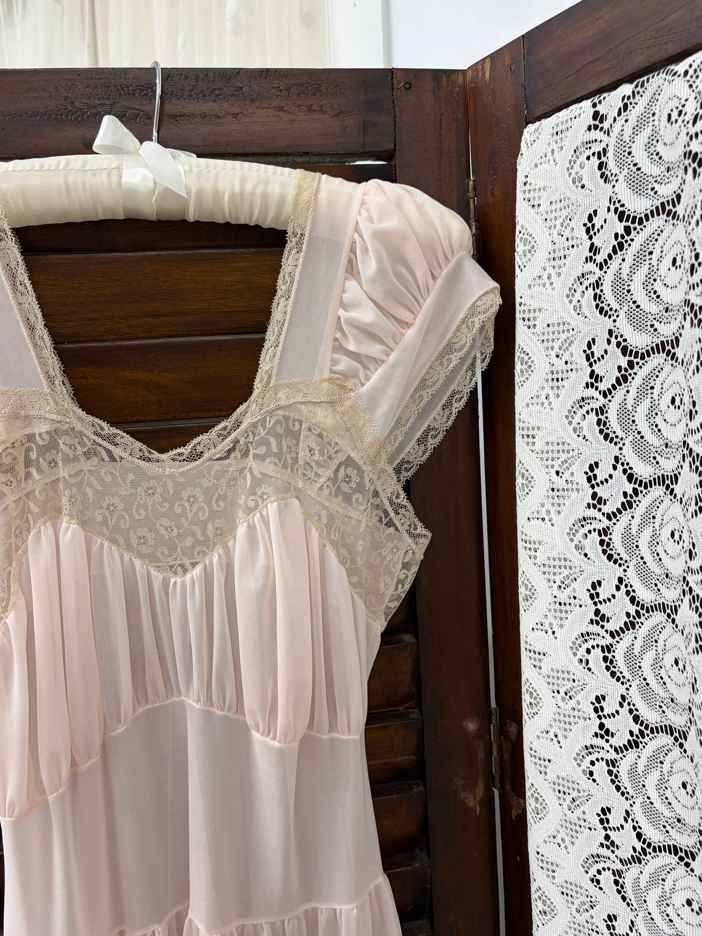 Vintage 60s baby pink semi sheer slip dress with lace trim