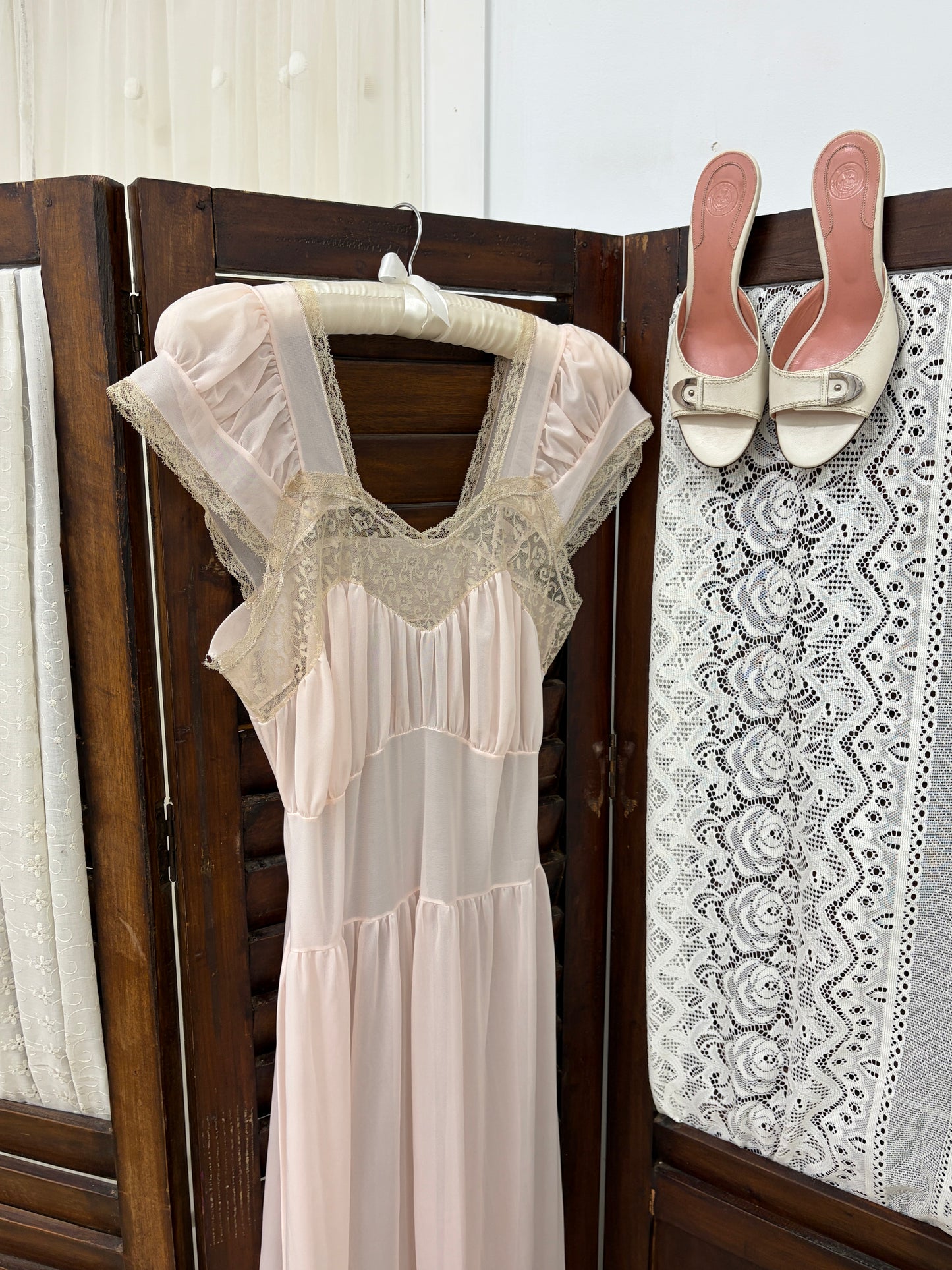 Vintage 60s baby pink semi sheer slip dress with lace trim