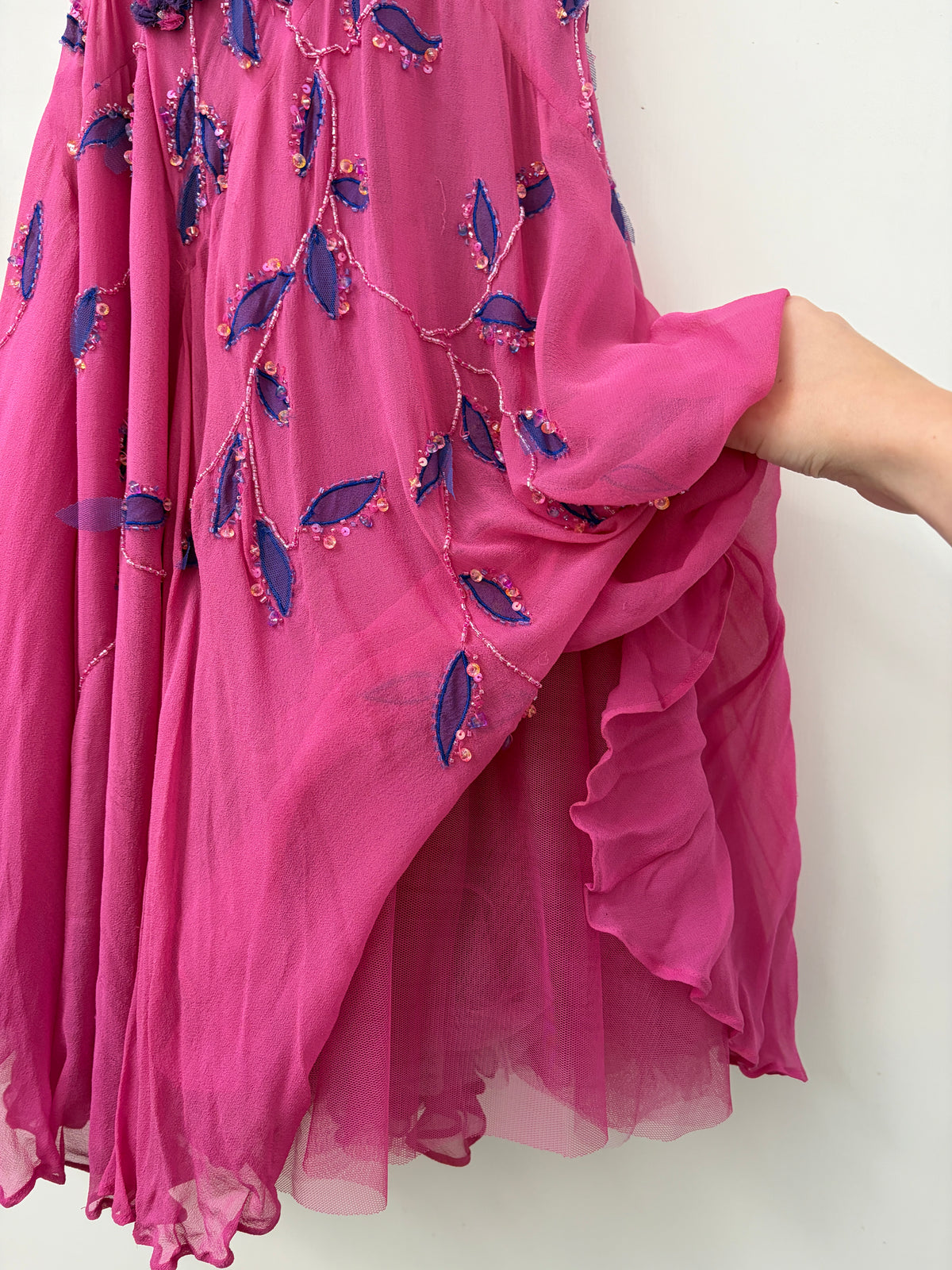 Vintage Y2K pink and purple silk beaded evening dress