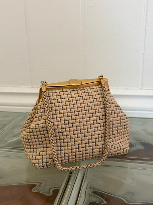 Vintage 60s cream mesh top handle bag with gold hardware