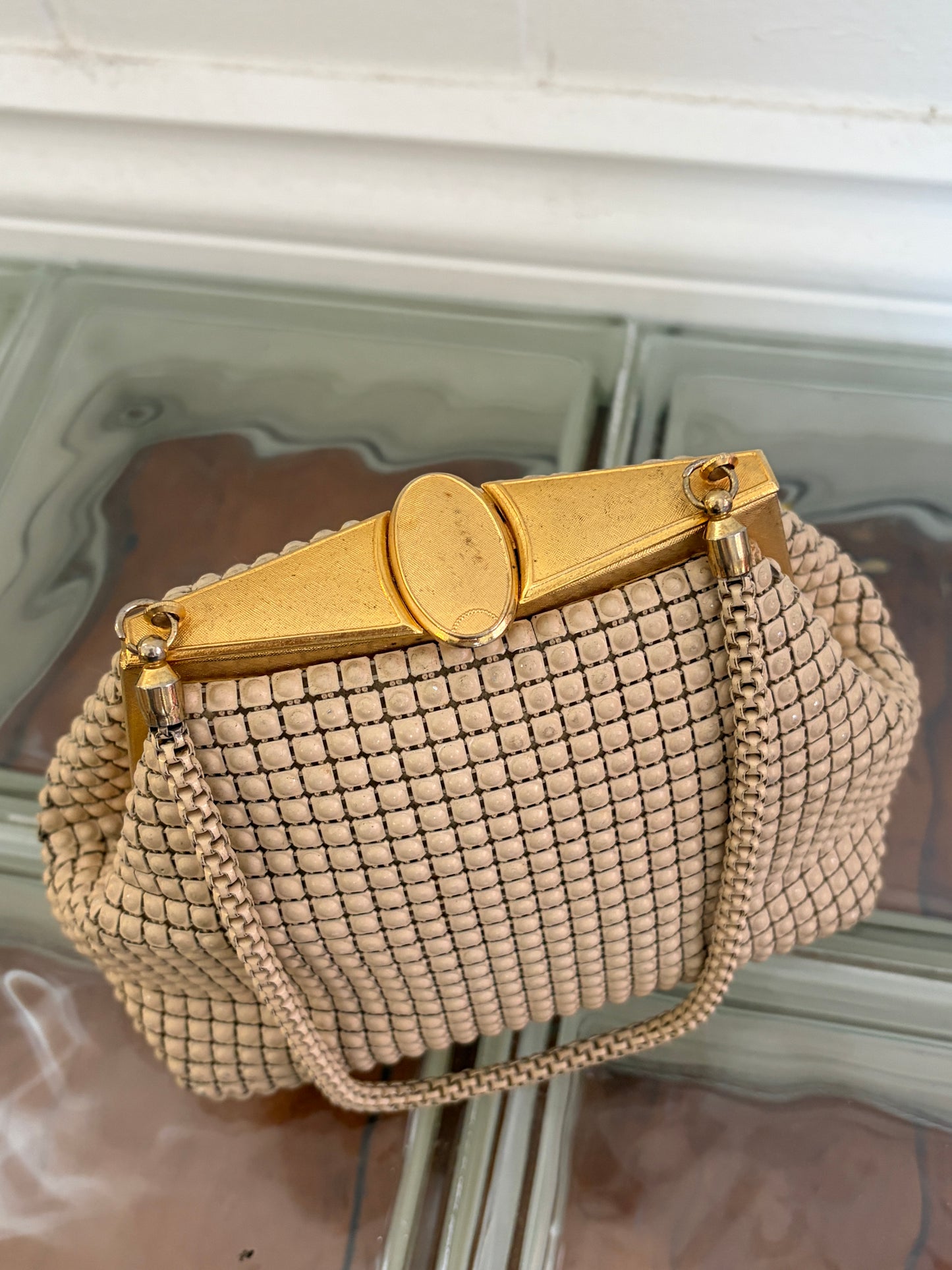 Vintage 60s cream mesh top handle bag with gold hardware