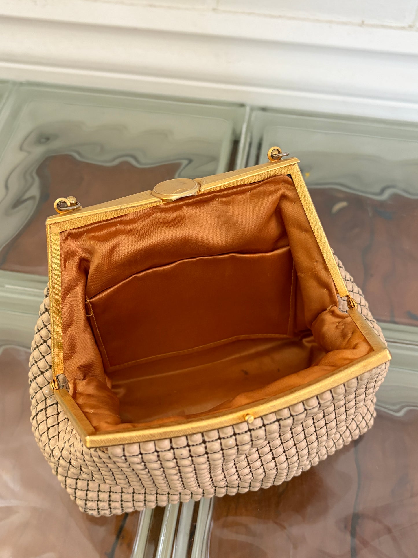 Vintage 60s cream mesh top handle bag with gold hardware