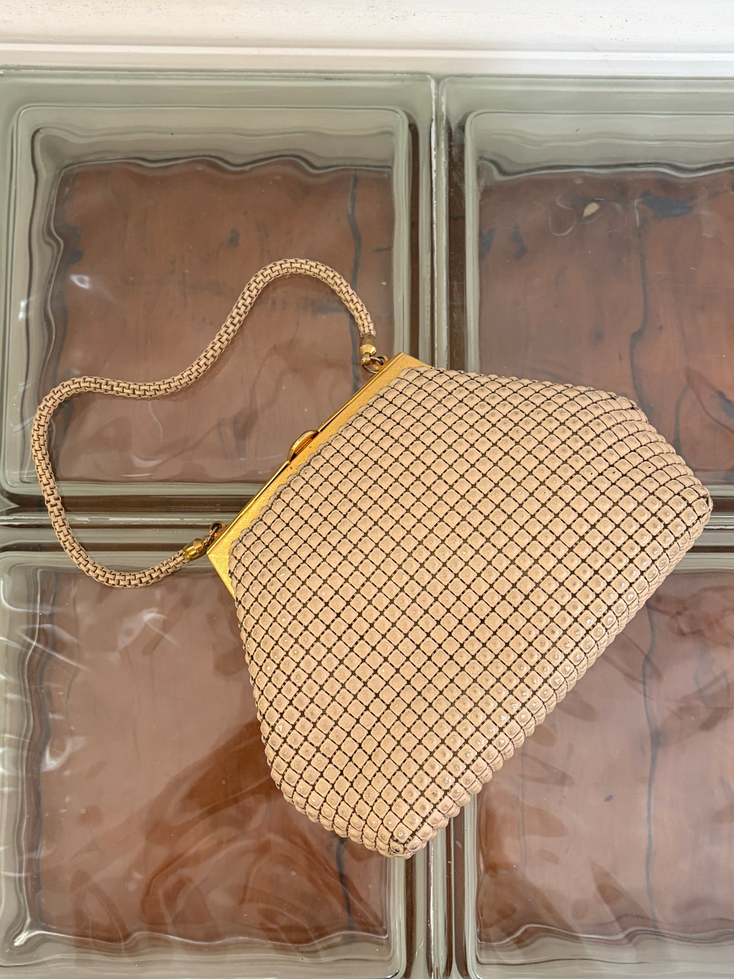 Vintage 60s cream mesh top handle bag with gold hardware