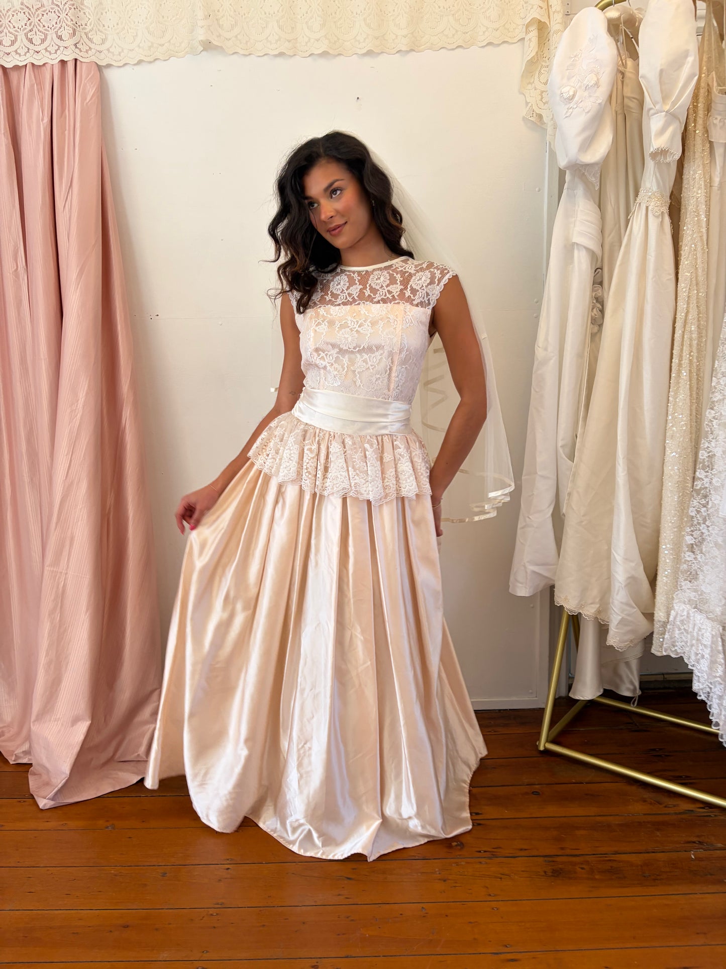 Vintage 80s Gunne Sax Baby pink satin gown with white lace trim