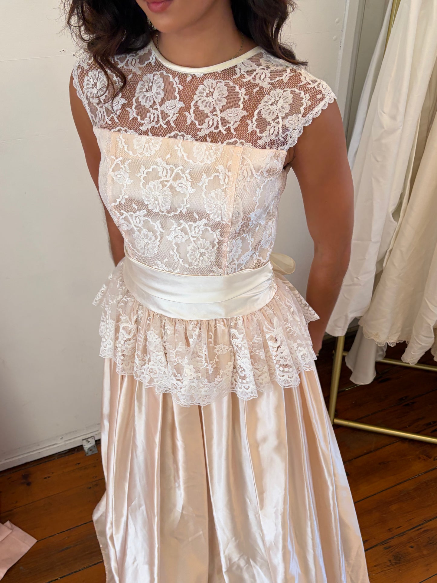 Vintage 80s Gunne Sax Baby pink satin gown with white lace trim